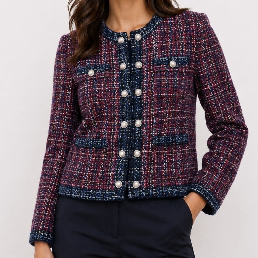 WHBM Stylist Jacket Purple Blue Tweed Boucle Silver Crest Button Blazer Size 12